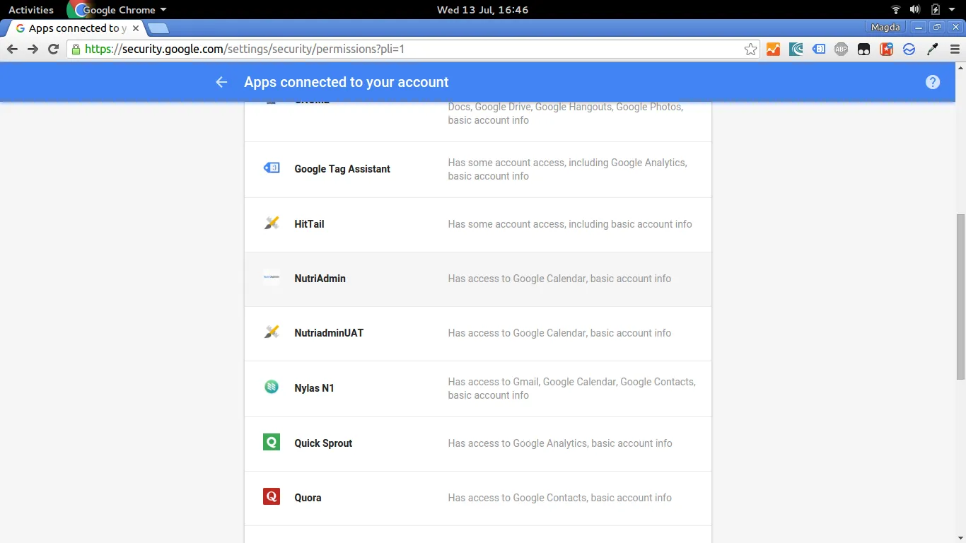 NutriAdmin Google permissions screen
